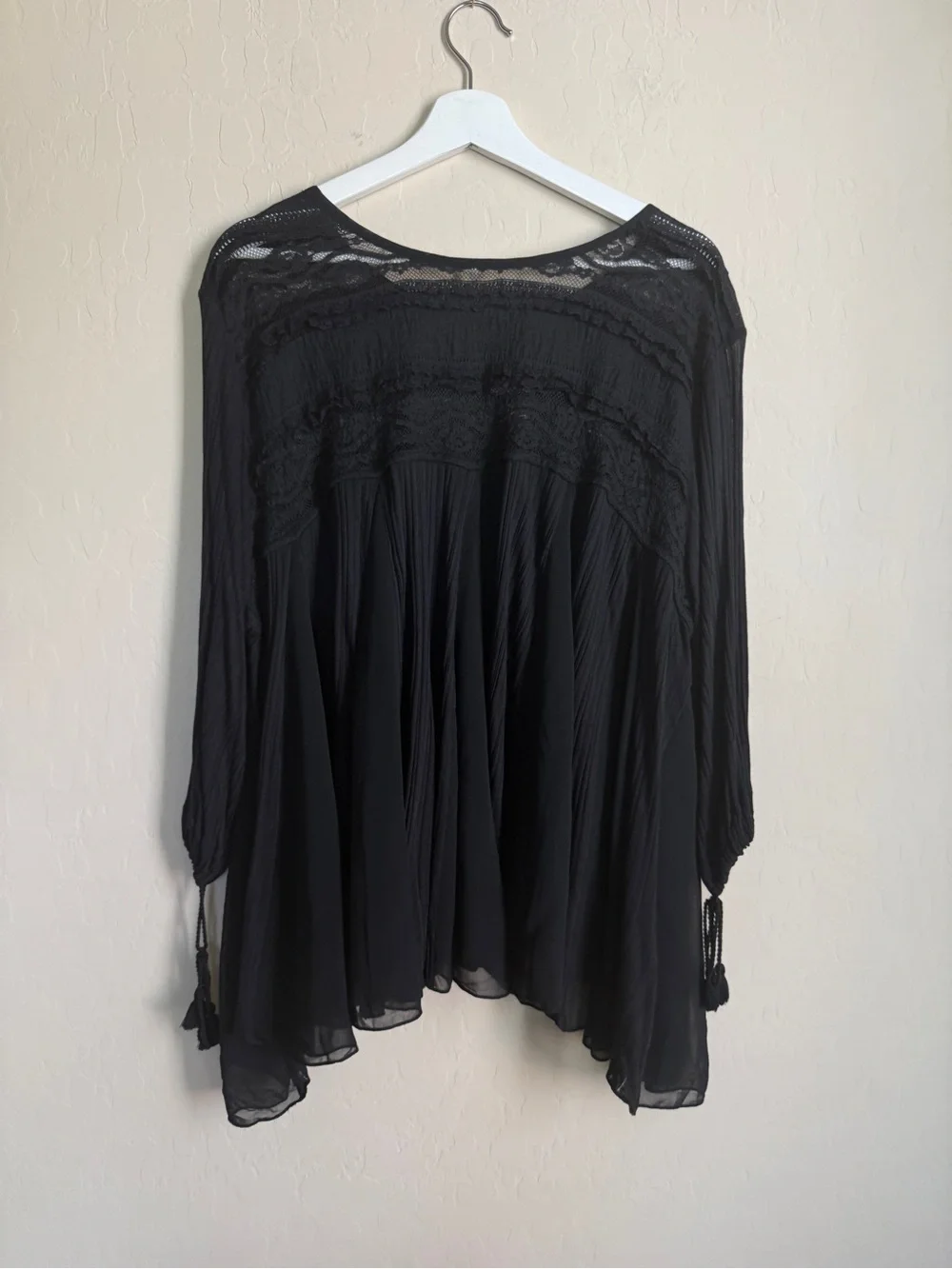 Free People Sheer Black Lace Yoke Bell Sleeve Boho Lace Blouse Flowy Sheer Small